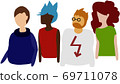 Four people of different skin colours and different sexes in vectors from the waist up in different clothes; icons, teamwork, business 69711078