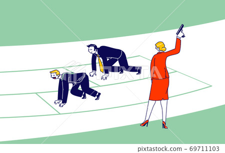 Focused Business People Managers and Entrepreneurs Male Characters Stand Ready for Run Sprint Competition on Race Track 69711103