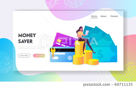 Woman Get Part of Property after Divorce Landing Page Template. Female Character Sit on Golden Coins, Cards and Key 69711135