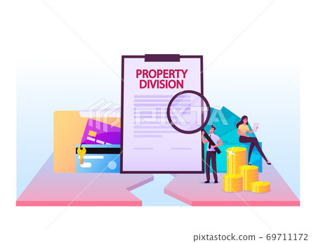 Tiny Male Lawyer Reading Property Division Contract with Huge Magnifying Glass. Woman Sit on Golden Coins and Bank Cards 69711172