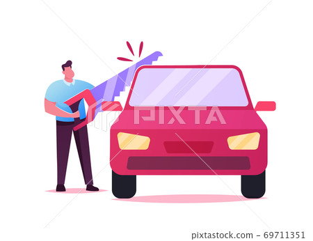 Male Character Sawing Automobile with Huge Saw. Concept of Property Division in Divorce Process. Husband Separate Car Male Character Sawing Automobile with Huge Saw. Concept of Property Division in Divorce Process. Husband Separate Car 69711351