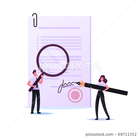 Tiny Woman Notary or Lawyer Signing Document with Huge Pen. Man with Magnifier Learn Initials. Signature Authenticity 69711352