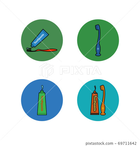 Colorful Toothbrush and Toothpaste icon set. Button Style Vector EPS. 69711642