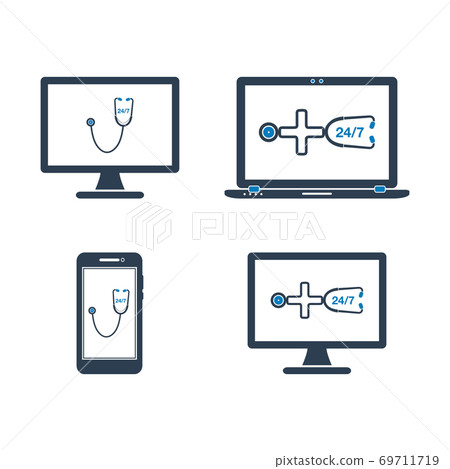 24/7 Online Medical Service Icon Set. Flat Style Vector. 24/7 Online Medical Service Icon Set. Flat Style Vector. 69711719