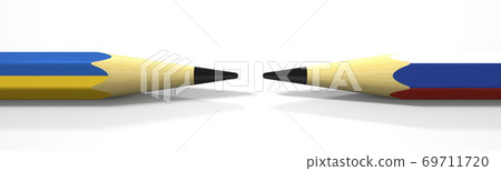 Opposing pencils with flags of Ukraine and Russia. Conflict concept, 3d rendering Opposing pencils with flags of Ukraine and Russia. Conflict concept, 3d rendering 69711720