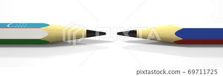 Pencils with flags of Uzbekistan and Russia. Political conflict concept. 3d rendering Pencils with flags of Uzbekistan and Russia. Political conflict concept. 3d rendering 69711725