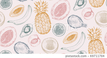 Vector seamless pattern with hand drawn fruits in sketch style. Farm market products. Vector seamless pattern with hand drawn fruits in sketch style. Farm market products. 69711784