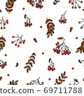 Autumn theme of a cluster of rowanberries with and without a leaf, twigs with leaves, the possibility of binding, tile picture, the never-ending theme 69711788