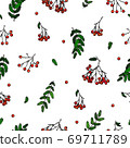 Autumn theme of a cluster of rowanberries with and without a leaf, twigs with leaves, the possibility of binding, tile picture, the never-ending theme 69711789