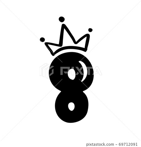Vector Vintage Plump Cute number 8 with crown. Princess element eight font logo. Valentine hand drawn alphabet sign for page decoration and design illustration. For greeting card, wedding or 69712091