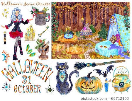 Colorful scene creator with beautiful witch in gothic costume, Halloween landscape background and traditional scary objects isolated on white. Design set of hand drawn illustrations and elements. Colorful scene creator with beautiful witch in gothic costume, Halloween landscape background and traditional scary objects isolated on white. Design set of hand drawn illustrations and elements. 69712103