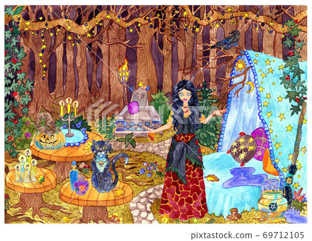 Beautiful witch with cat and traditional Halloween symbols at mystic place in fable forest. Hand drawn colorful illustration of mystrious scenic landscape, esoteric, fantasy and gothic background. Beautiful witch with cat and traditional Halloween symbols at mystic place in fable forest. Hand drawn colorful illustration of mystrious scenic landscape, esoteric, fantasy and gothic background. 69712105