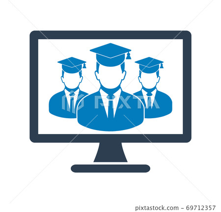 Online Learning Icon with graduate students on Computer Monitor. Flat style vector EPS. 69712357