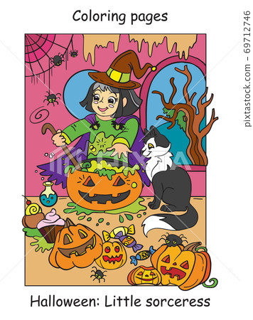 Colorful Halloween cute little witch cooks in cauldron Colorful Halloween cute little witch cooks in cauldron 69712746