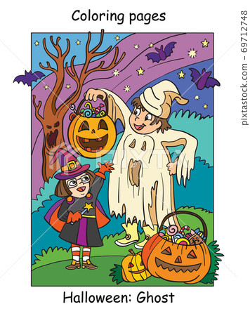 Colorful Halloween cute little witch and ghost Colorful Halloween cute little witch and ghost 69712748