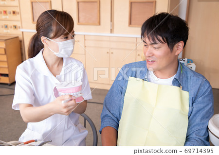 Dental hygienist and male patient giving tooth brushing instruction Dental hygienist and male patient giving tooth brushing instruction 69714395