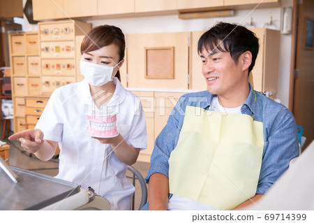 Dental hygienist and male patient giving tooth brushing instruction Dental hygienist and male patient giving tooth brushing instruction 69714399