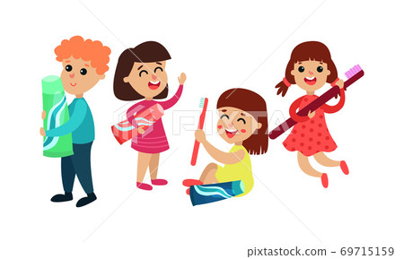 Little Children Holding Toothbrush and Toothpaste Tube Vector Set Little Children Holding Toothbrush and Toothpaste Tube Vector Set 69715159