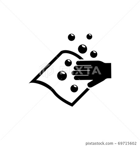 Hand Wiping with Cloth, Wet Wipe and bubble. Flat Vector Icon illustration. Simple black symbol on white background. Hand Wiping with Cloth Wet Wipe sign design template for web and mobile UI element. 69715602