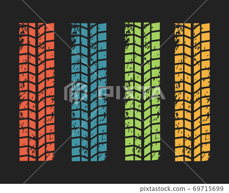 Collection textures of vector tire tracks with separate grunge texture, tire marks, tire tread, tread marks silhouette, pattern for machine and vehicle 69715699