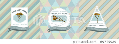 Three colored labels with illustration of tansy 69715989