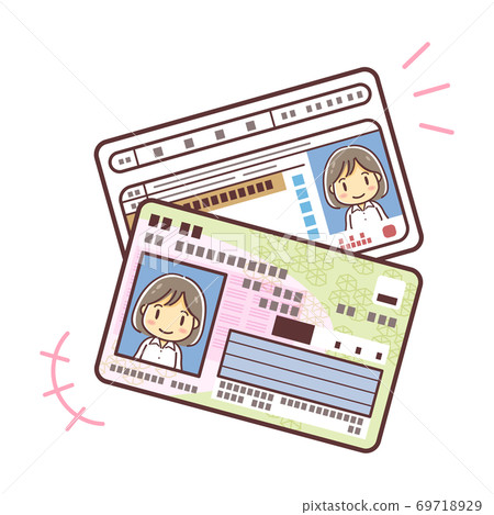 帶有身份證照片的一組身份證的插圖(我的號碼卡,駕駛執照,女性) 帶有身份證照片的一組身份證的插圖(我的號碼卡,駕駛執照,女性) 69718929