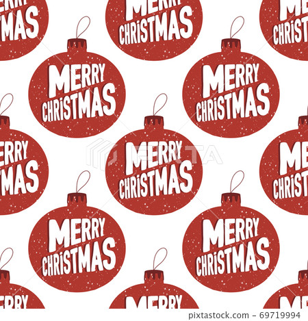 Seamless pattern made from hand drawn Christmas tree balls with snowing effect and Merry Christmas lettering inside. Isolated on a white background. 69719994