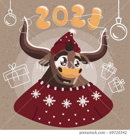 Ox in red hat and sweater cartoon illustration 69720342