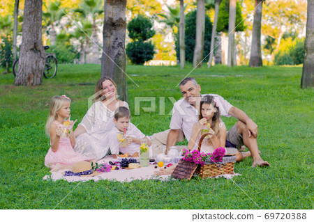 International family having a picnic in the park. International family having a picnic in the park. 69720388