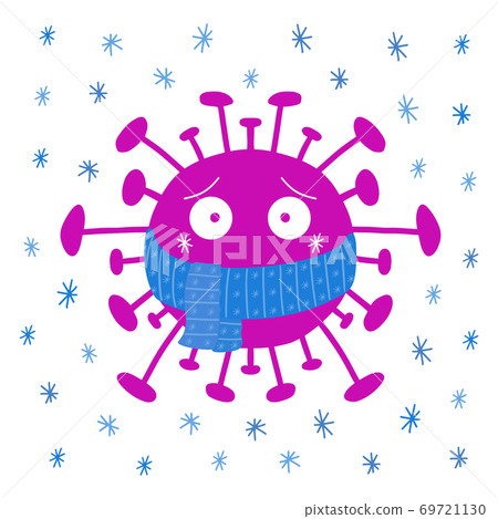 Cartoon coronavirus bacteria in blue scarf with snowflakes. Isolated on white background. Vector stock illustration. Cartoon coronavirus bacteria in blue scarf with snowflakes. Isolated on white background. Vector stock illustration. 69721130