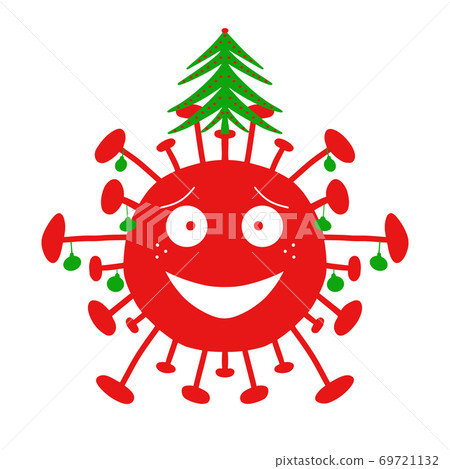 Red cartoon coronavirus bacteria with green christmas balls and fir tree on the top. Isolated on white background. Vector stock illustration. Red cartoon coronavirus bacteria with green christmas balls and fir tree on the top. Isolated on white background. Vector stock illustration. 69721132
