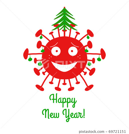 Happy New Year. Red cartoon coronavirus bacteria with green christmas balls and fir tree on the top. Isolated on a white background. Vector stock illustration. 69721151