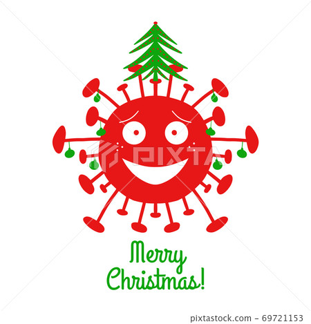 Merry Christmas. Red cartoon coronavirus bacteria with green christmas balls and fir tree on the top. Isolated on a white background. Vector stock illustration. 69721153