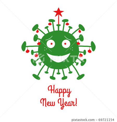 Happy New Year. Green cartoon coronavirus bacteria with red christmas tree balls and star on the top. Isolated on a white background. Vector stock illustration. Happy New Year. Green cartoon coronavirus bacteria with red christmas tree balls and star on the top. Isolated on a white background. Vector stock illustration. 69721154