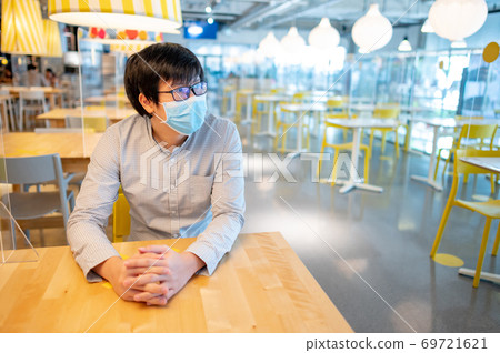 Sitting with shield partition for social distancing 69721621