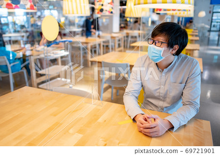 Sitting with shield partition for social distancing 69721901