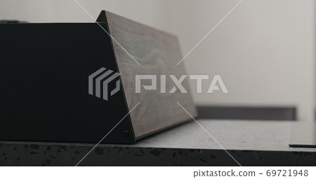 walnut wood breadbox on kitchen countertop 69721948