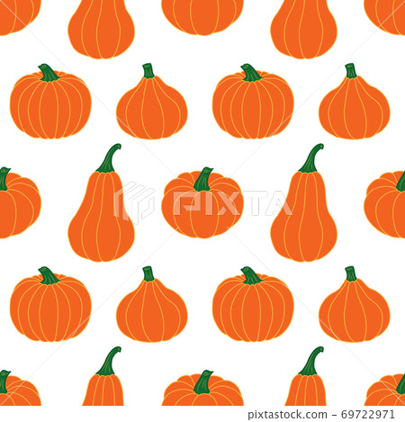 Bright orange pumpkins on a white background. Seamless vector pattern. Autumn illustrations for festive decorations, postcards, banners, gift wrapping paper, modern prints, bright fabrics, textiles. 69722971