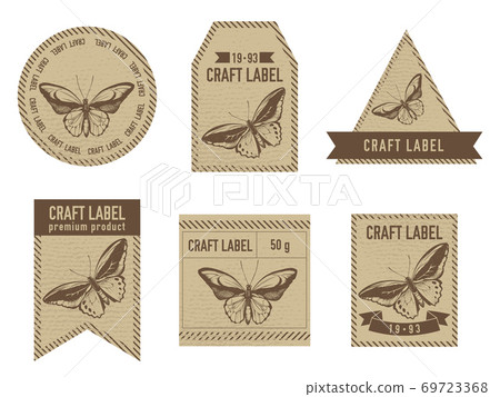 Craft labels vintage design with illustration of common green birdwing, wallace s golden birdwing 69723368