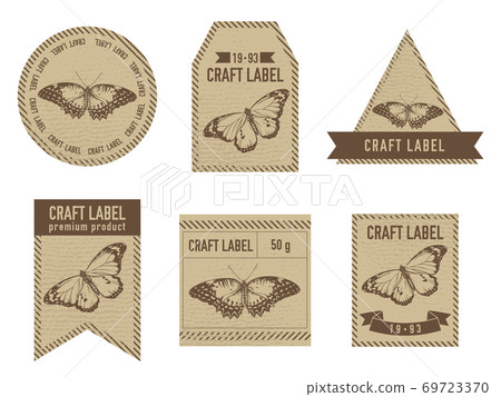 Craft labels vintage design with illustration of red lacewing, plain tiger 69723370
