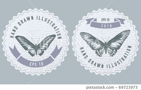 Monochrome labels design with illustration of rajah brooke s birdwing Monochrome labels design with illustration of rajah brooke s birdwing 69723973