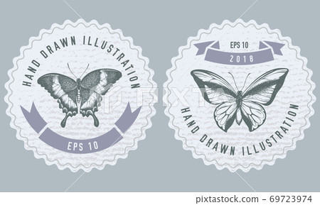 Monochrome labels design with illustration of emerald swallowtail, swallowtail butterfly Monochrome labels design with illustration of emerald swallowtail, swallowtail butterfly 69723974