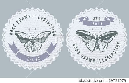 Monochrome labels design with illustration of common green birdwing, wallace s golden birdwing 69723979