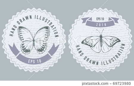 Monochrome labels design with illustration of great orange-tip, jungle queens Monochrome labels design with illustration of great orange-tip, jungle queens 69723980