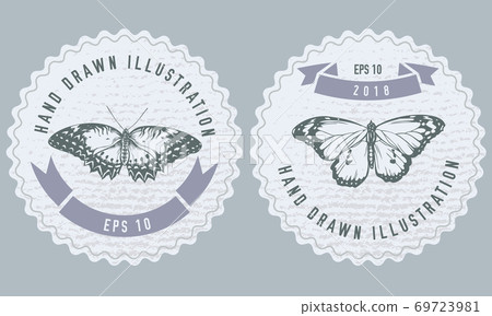 Monochrome labels design with illustration of red lacewing, plain tiger Monochrome labels design with illustration of red lacewing, plain tiger 69723981