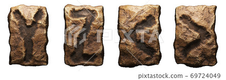 Set of rocky letters Y, Z. and symbol left, right angle bracket. Font of stone on white background. 3d 69724049