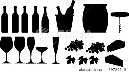 Silhouette set of wine illustrations Wine bottles Cheese barrels Grape varieties 69724349