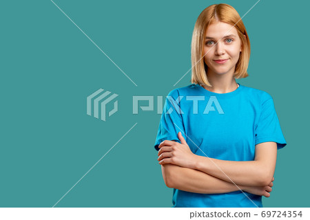 happy woman portrait advertising background teal 69724354