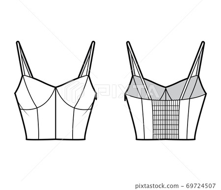 Cropped top technical fashion illustration with sweetheart neck, straps, slim fit, shirred back. Flat outwear tank Cropped top technical fashion illustration with sweetheart neck, straps, slim fit, shirred back. Flat outwear tank 69724507