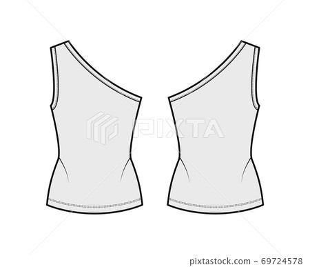 One-shoulder stretch-jersey tank technical fashion illustration with fitted body, elongated hem. Flat outwear cami One-shoulder stretch-jersey tank technical fashion illustration with fitted body, elongated hem. Flat outwear cami 69724578